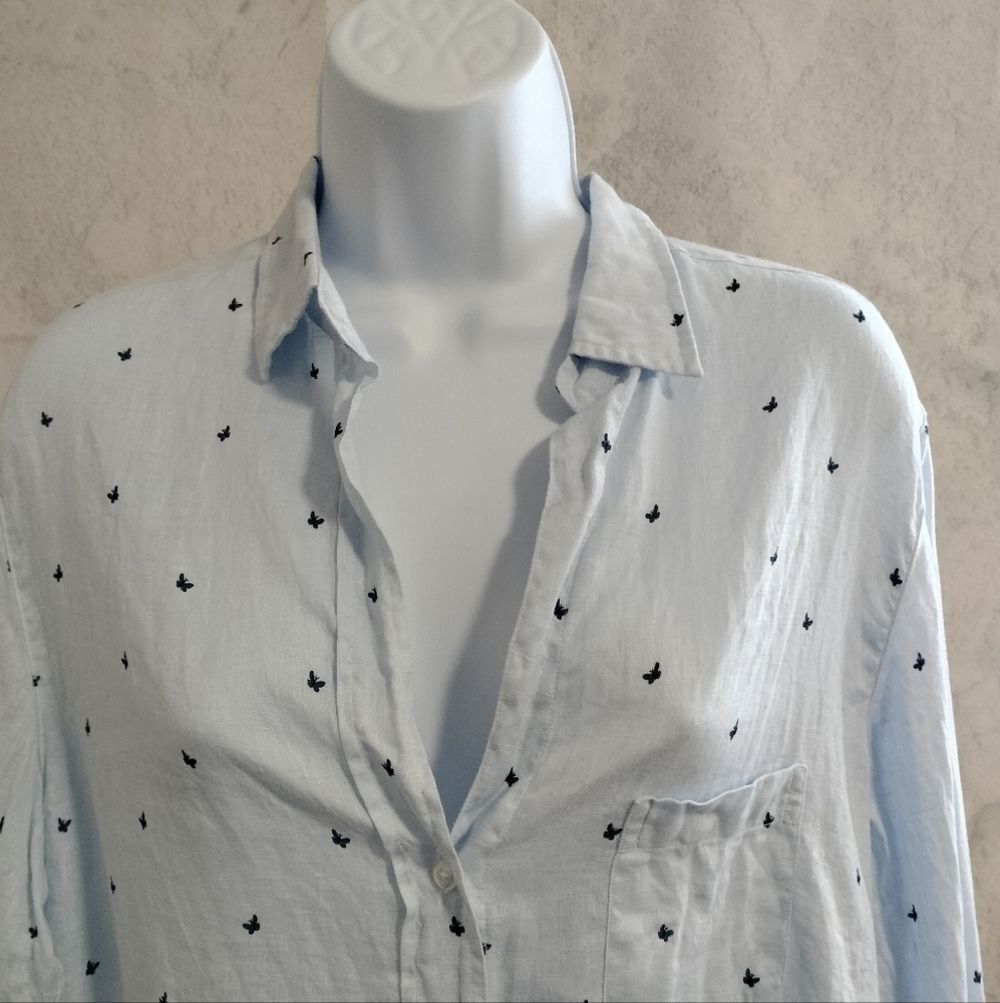 Anthropology Grayson The Hero Linen Blue Butterfly Button Front Shirt sz 4